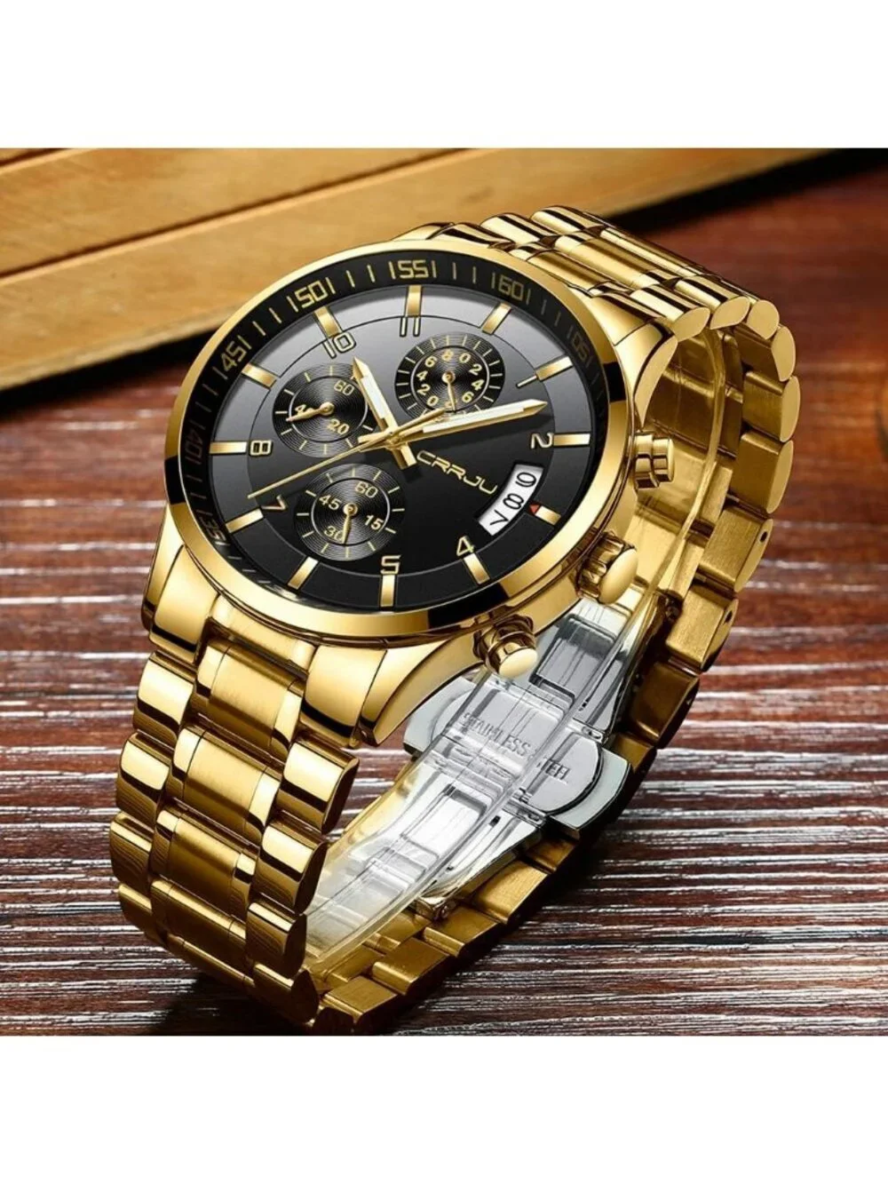 Mens Gold Black Analog Quartz Stainless Steel Waterproof Chronograph Wrist Watch